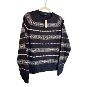 J. Crew 100% Lambs Wool Crewneck Sweater Fair Isle Pattern Navy Blue Knit Sz Lrg